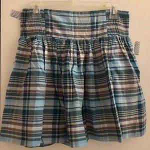 Blue, pink, and grey plaid skirt